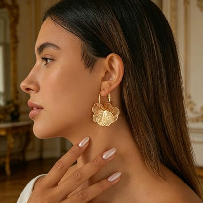 Gold Silver Flower Hoop Earrings for Women 14K Gold Plated Large Layered Flower Dangle Drop Earrings Wedding Party Holiday Birthday Gifts Lightweight Trendy Bohemian Jewelry Gift for Her - color: Gold