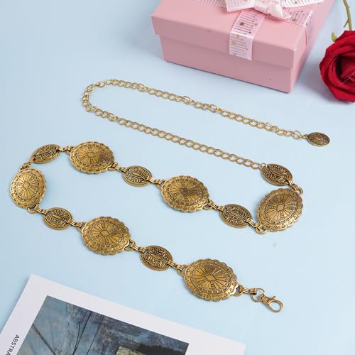 Jmkcoz Women Western Concho Chain Belt Silver Metal Oval Waist Chain Belt for Dresses Jeans Country Cowgirl - color: Gold