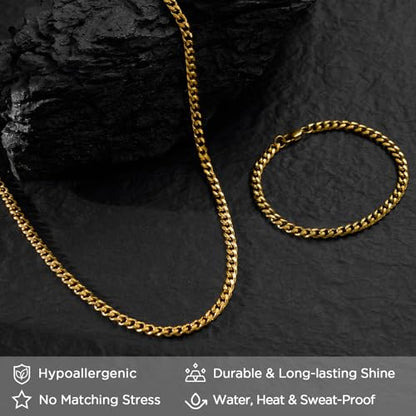 NORBU Stainless Steel Cuban Link Chain and Bracelet Set for Men, Chains 3.5mm/5mm/7mm Width, Bracelet 7 1/2" and 8" Length, No Tarnish & Durable Mens Jewelry - size: 20"Chain & 7.5"Bracelet, style: Cuban Set - 5mm