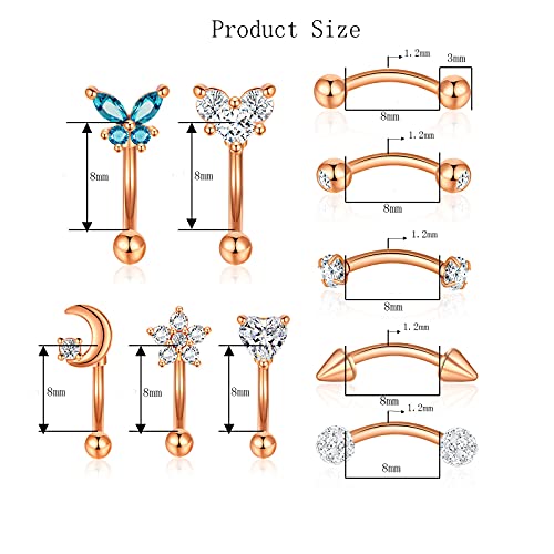 10PCS 16G Eyebrow Rings Set, Surgical Steel Curved Barbell Piercing Jewelry for Women Men, Helix Rook Daith Tragus Cartilage Earrings, Butterfly Heart Flower Spike Design, 8mm Bar - color: A-10Pcs-Rose Gold-8mm