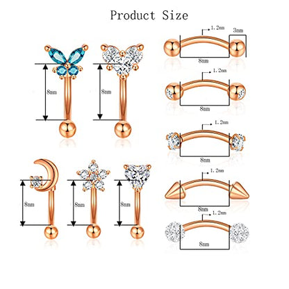 10PCS 16G Eyebrow Rings Set, Surgical Steel Curved Barbell Piercing Jewelry for Women Men, Helix Rook Daith Tragus Cartilage Earrings, Butterfly Heart Flower Spike Design, 8mm Bar - color: A-10Pcs-Rose Gold-8mm