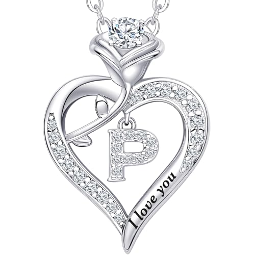 Rose Heart Pendant Necklace Gifts for Wife, Engraved 'I love you' Gift for Wife Girlfriend, Anniversary Birthday Eternity Jewelry Present for Women, Moissanite Necklace Gift for Her - style: P