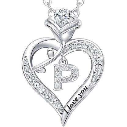 Rose Heart Pendant Necklace Gifts for Wife, Engraved 'I love you' Gift for Wife Girlfriend, Anniversary Birthday Eternity Jewelry Present for Women, Moissanite Necklace Gift for Her - style: P