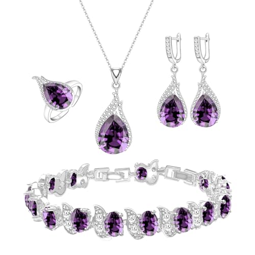 LMXXVJ Jewelry Set for Women,Teardrop Cubic Zirconia Necklace Earrings Adjustable Ring Bracelet Jewelry Set Formal Jewelry Gift - color: ZYSD-White Gold-Purple