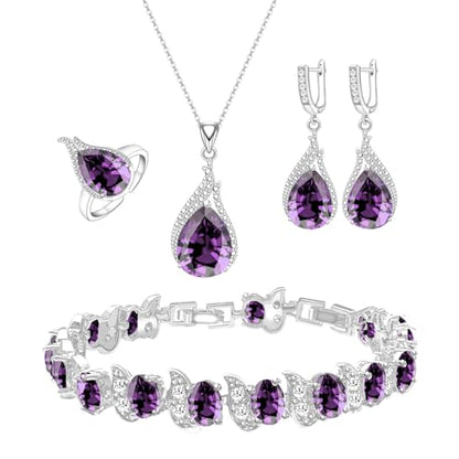 LMXXVJ Jewelry Set for Women,Teardrop Cubic Zirconia Necklace Earrings Adjustable Ring Bracelet Jewelry Set Formal Jewelry Gift - color: ZYSD-White Gold-Purple