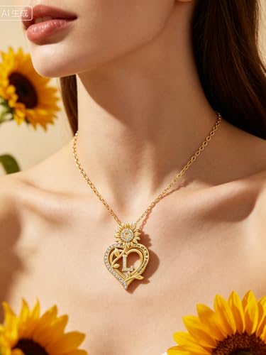 14K Gold Sunflower Initial Necklaces for Women | Heart Letter Pendant You Are My Sunshine Jewelry Gifts - style: L