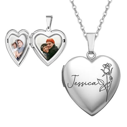 Personalized Heart Locket Necklace Customize Photo 925 Sterling Silver Picture Locket Necklace for Women Girls kids Engraved Birth Flower and Text Birthday Christmas Gifts for Women Girls Kids - color: Heart Silver