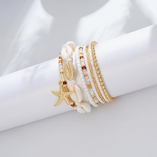 LALAPPLE Shell Bracelet Boho Beaded Stretch Bracelets for Women Seashell Strand Bracelets Starfish Charm Jewelry Summer Beach Jewelry Stackable Crystal Gold Plated Beads Bracelet for Women - style: Style2