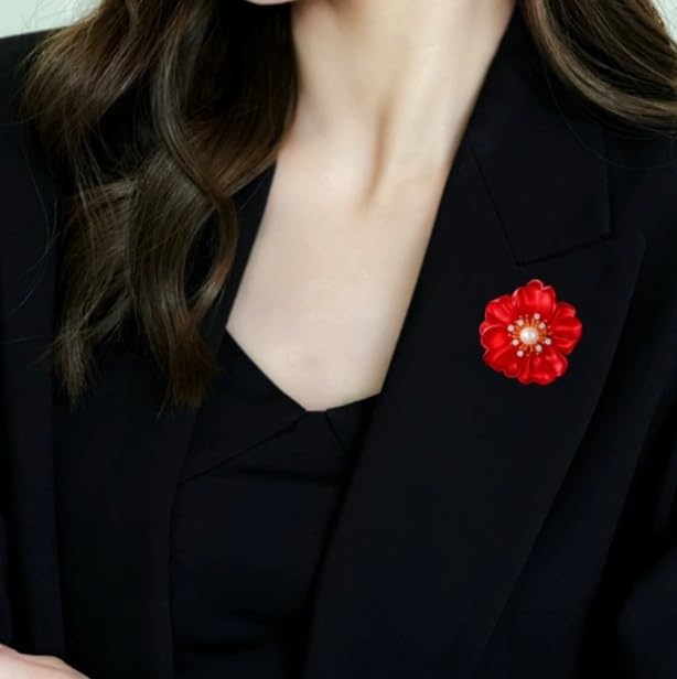 Anmpab Red Peony Flower Brooch with Pearl and Rhinestone Floral Lapel Pin for Women Blazer Dress Coat Jacket Scarf