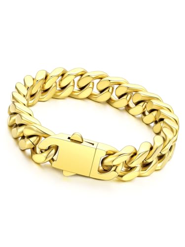 Richsteel Gold/Black/Silver Cuban Link Bracelet for Men,5/7/9/12MM Width | 316L Stainless Steel Chain Wrist Bracelet, Waterproof, No Tarnish, Hypoallergenic Hip Hop Jewelry, with Gift Box - color: 02-Gold Plated 12mm Width