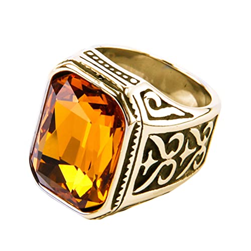 PAURO Promise Rings with Big Stone | Men's Stainless Steel, Vintage Wedding Promise Ring with Big Stone - color: Gold Black Orange