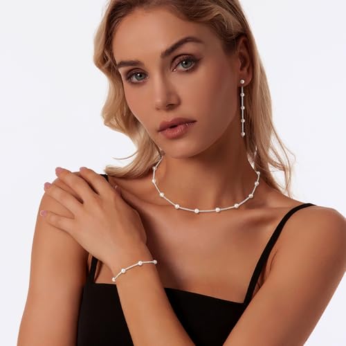 Zeffy Gold Pearl Necklace for Women, Dainty 14K Gold/Silve Plated Layered Pearl Choker Pearl Earrings Pearl Bracelets Wedding Trendy Gold Jewelry Set for Women Gifts - style: Silver Pearl Choker&Drop Earring&Bracelet-3PCS