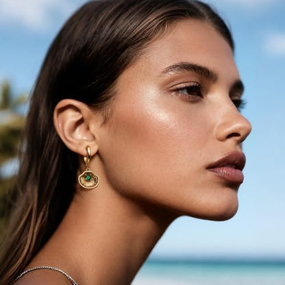 Sonateomber Gold Silver Small Hoop Dangle Earrings for Women, Trendy Dainty Rhinestone CZ Dangling Prom Wedding Leaf Flower Snowflake Butterfly Starfish Fashion Jewelry Gift - color: Shell