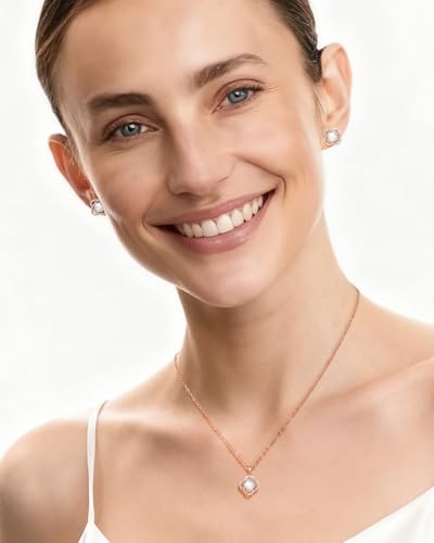 14K Gold Plated and Silver Pearl Jewelry Set for Women - Matching Pearl Necklace and Earring Set with Wrapped Design, June Birthstone Jewelry Set for Gift - color: Rose Gold