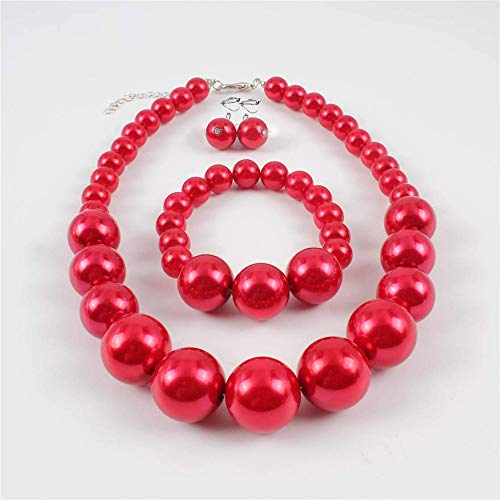 Bridal Wedding Faux Pearl Statement Necklace and Clip on Earrings Bracelet Jewelry Sets Women Bib Choker Necklace - color: Red-Necklace+Bracelet+Clip Earrings