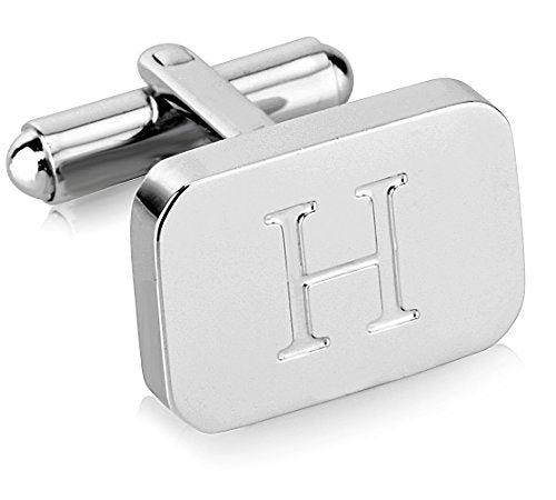 18K White-Gold Plated Initial Engraved Stainless Steel Men’s Cufflinks With Gift Box -Personalized Alphabet Letter’s A-Z By Lux & Pair - style: H- White Gold