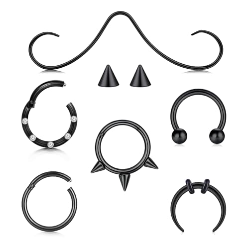 Longita Septum Rings Septum Jewelry 16g 18g Septum Ring Septum Piercing 20g Horseshoe Earring Hoop Lip Ring Silver Black Gold - color: 6pcs black