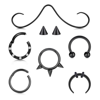 Longita Septum Rings Septum Jewelry 16g 18g Septum Ring Septum Piercing 20g Horseshoe Earring Hoop Lip Ring Silver Black Gold - color: 6pcs black