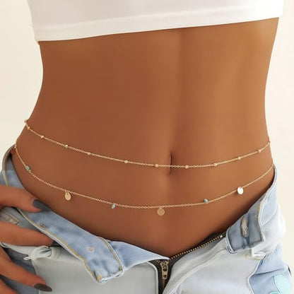 14K Gold Plated Waist Chain for Women, Layered Belly Body Chain | 2Pcs Adjustable Fit, Layered Design, Dainty Chain Styles, Bikini, Dress & Rave Outfits, Beach, Festival & Vacation - color: Gold-Plated 9