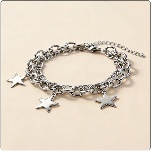 Women’s Star Bracelet Stainless Steel Link Chain, Double Layer Star Charm Bracelet for Women, Fashion Curb Bracelet Stackable Birthday Gift
