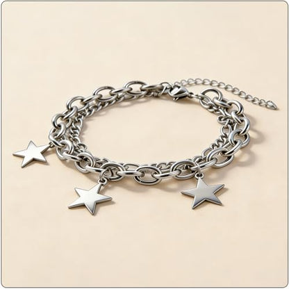 Women’s Star Bracelet Stainless Steel Link Chain, Double Layer Star Charm Bracelet for Women, Fashion Curb Bracelet Stackable Birthday Gift