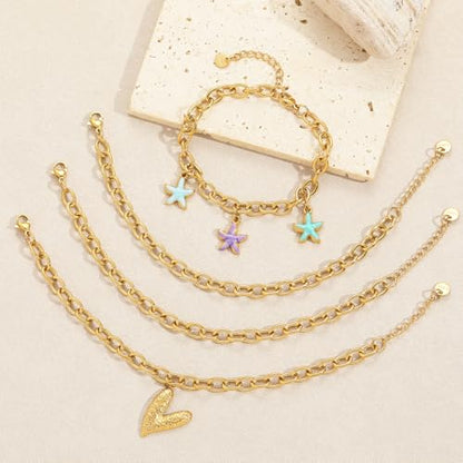 10 PCS Bracelets for Women Stainless Steel Chain Link Bracelet Set | 6.7 Inches with Extender, Jewelry Gifts for DIY, Chains Bulk, Oval, Curb, Figaro Chains, 18K Gold Plated, Silver, Chunky - color: Rolo Gold