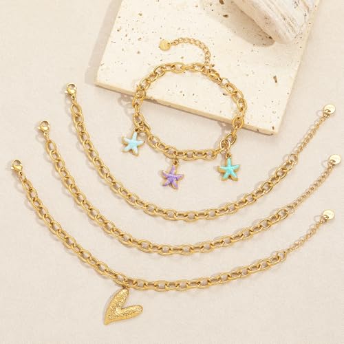 10 PCS Bracelets for Women Stainless Steel Chain Link Bracelet Set | 6.7 Inches with Extender, Jewelry Gifts for DIY, Chains Bulk, Oval, Curb, Figaro Chains, 18K Gold Plated, Silver, Chunky - color: Rolo Gold