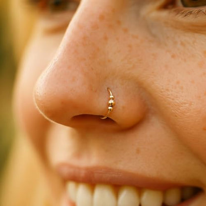 925 Sterling Silver & 14K Gold Filled Nose Ring Hoop Handmade Piercing Jewelry For Women - 24 Gauge 2mm,7mm Tiny Nose Ring with Opal - Gift Ready - color: Gold Beads Gold