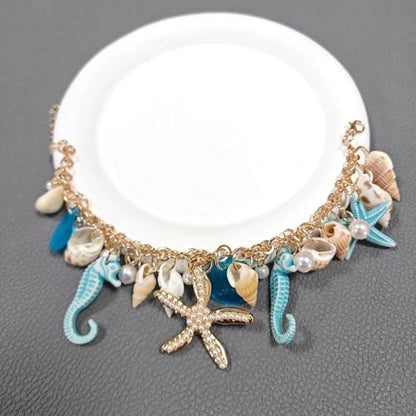 Shell Starfish Bracelet Seahorse Conch Starfish Sea Shell Pearls Charm Stone Bracelet Statement Bohemian Sea Themed Beach Jewelry for Women - color: Blue