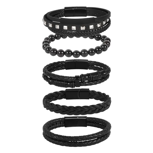 6-12PCS Braided Faux Leather Bracelet Punk Cuff Wrap Bracelets for Men Women Adjustable - color: E3:5PCS