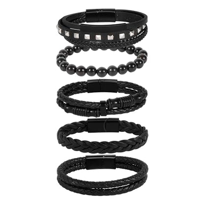 6-12PCS Braided Faux Leather Bracelet Punk Cuff Wrap Bracelets for Men Women Adjustable - color: E3:5PCS