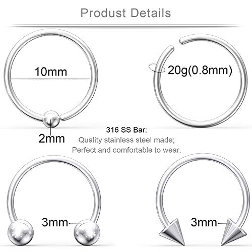 Ruifan 316L Surgical Steel CBR Horseshoe Circular Rings Nose Eyebrow Tragus Lip Ear Hoop Ring Piercing 20G 8MM 10MM 12-24PCS - style: 24PCS - 20G 3/8" (10mm)
