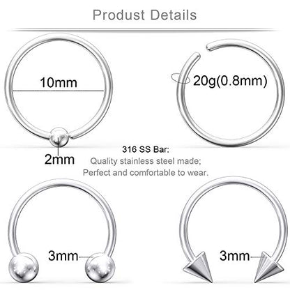 Ruifan 316L Surgical Steel CBR Horseshoe Circular Rings Nose Eyebrow Tragus Lip Ear Hoop Ring Piercing 20G 8MM 10MM 12-24PCS - style: 24PCS - 20G 3/8" (10mm)