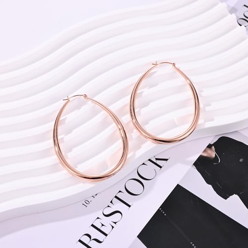 Gacimy Chunky Hoop Earrings for Women, 14K Gold Plated Oval Hoop Earrings with 925 Sterling Silver Post - color: Rose Gold, size: 60mm