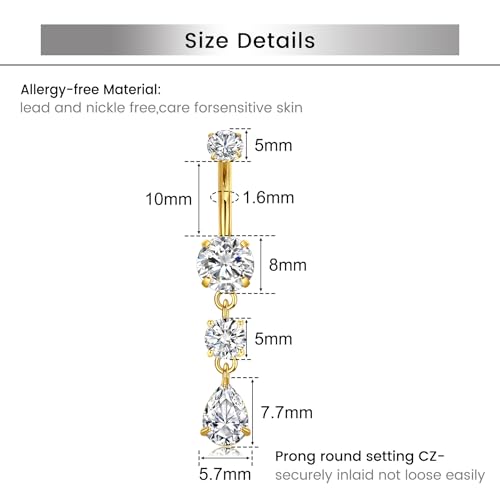 Briana Williams Belly Button Ring Clear CZ Dangle Belly Button Piercing Belly Rings Dangle Belly Button Rings Surgical Steel Teardrop Dangle Belly Button Jewelry for Women Silver Gold - color: D -gold