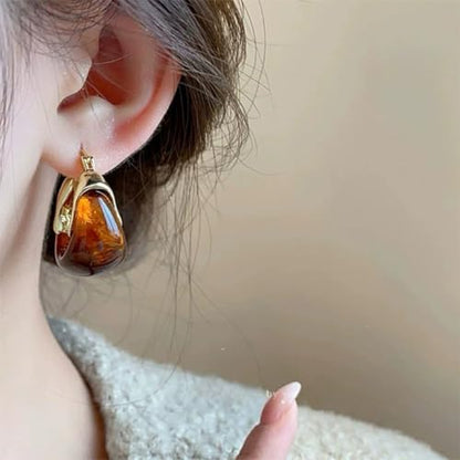 Retro Chunky Gold Brown Amber Hoop Earring, Trendy Boho White Resin Dangling Earrings for Women Dainty Minimalism Daily Party Jewelry Gifts Accessories - color: Brown