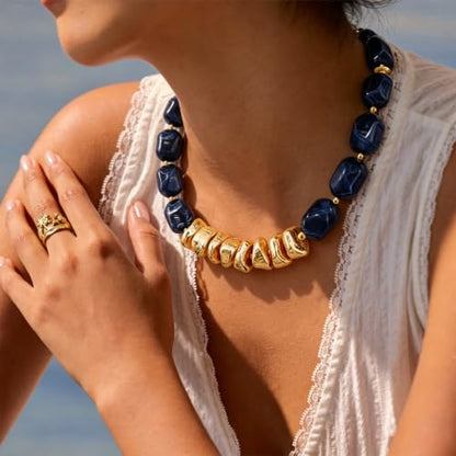 VIBILIA Boho Beaded Chunky Statement Necklace for Women Y2K Summer Jewelry | Boho Handmade Large Resin Bead Strand, Trendy Statement Summer Vacation Holiday Jewelry - color: Oval-Blue