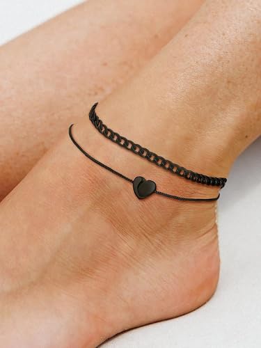 U7 2Pcs/3Pcs Ankle Bracelets for Women, Stainless Steel Cuban Link/Figaro/Rope/Heart Chain Anklets Sets,Waterproof Layered Anklets Adjustable 8.5"-10.5" - color: 02. 2Pcs Style B-Black