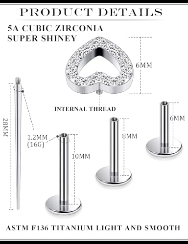 16G Astm F136 Titanium Internal Thread Flat Back Earrings Nose Studs Tragus Forward Helix Conch Cartilage Lobe Earrings Stud Medusa Labret Monroe Lip Ring Piercing Jewelry For Women Men - size: 16G--Style B-CZ