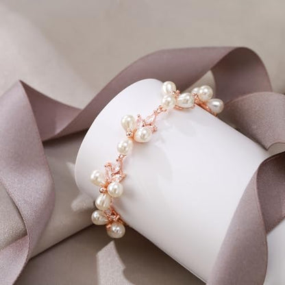 EVER FAITH Cubic Zirconia Pearl Bridal Prom Tennis Bracelet for Women | Elegant Pear CZ Wedding Jewelry Gift, for Bride Bridesmaid - style: Leaf_Rose Gold-Plated-Brass