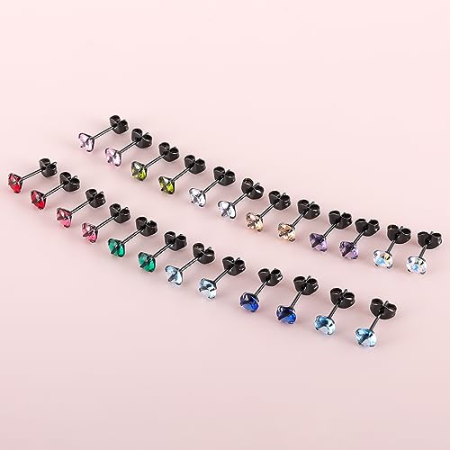 12 Pairs 18K Gold Plated Surgical Stainless Steel Stud Earrings, Star Heart Square Stud Earring for Women, Cubic Zirconia Birthstone Stud Earrings Set - color: Black round 4mm