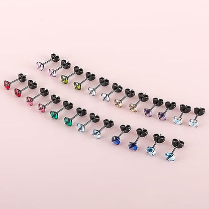 12 Pairs 18K Gold Plated Surgical Stainless Steel Stud Earrings, Star Heart Square Stud Earring for Women, Cubic Zirconia Birthstone Stud Earrings Set - color: Black round 4mm