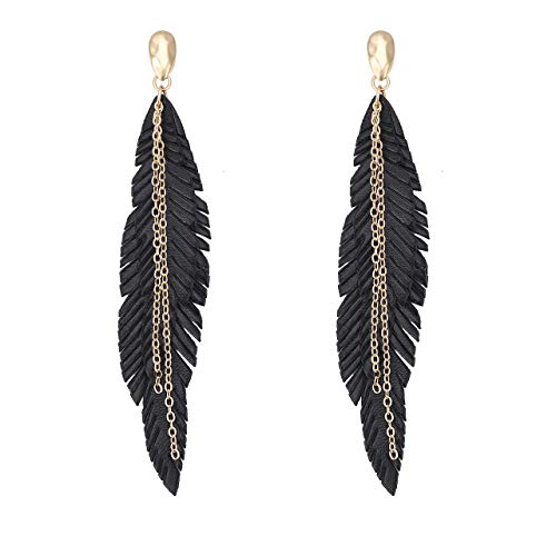 NVENF Feather Tassel Dangle Earrings for Women Bohemian Faux Leather Plume Gold-tone Metal Chain Fringe Statement Drop Earrings Vintage Ethnic Style Jewelry - color: Black