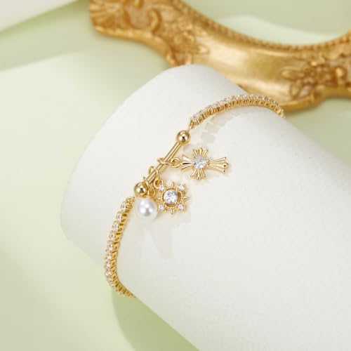 FANZE Gold Plated Cubic Zirconia Tennis Bracelets for Women Dainty Trendy Adjustable Bracelet Jewelry Gift for Ladies Wedding Mother Birthday Anniversary - style: Gold Charm