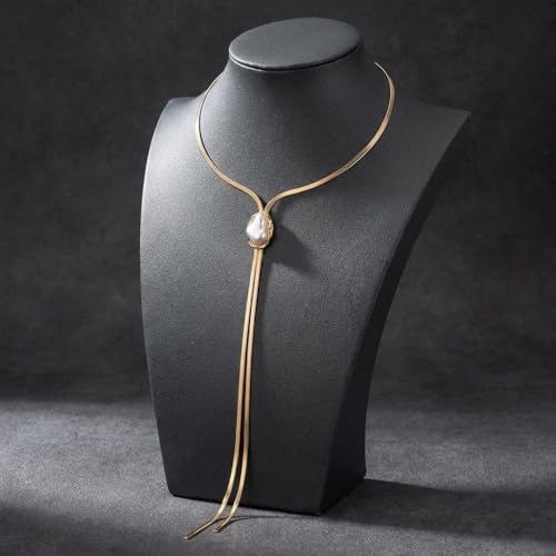 Long Baroque Pearl Gold Necklace for Women, Trendy Layered Geometric Lariat Statement Y Necklaces, Dainty Flat Snake Herringbone Link Body Chain Jewelry Accessories