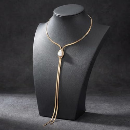 Long Baroque Pearl Gold Necklace for Women, Trendy Layered Geometric Lariat Statement Y Necklaces, Dainty Flat Snake Herringbone Link Body Chain Jewelry Accessories