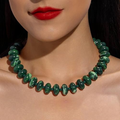 Beaded Necklace for Women Statement Chunky Necklace Boho Bead Choker Acrylic Big Bead Necklaces Summer Beach Jewelry for Women - color: Dark-Green
