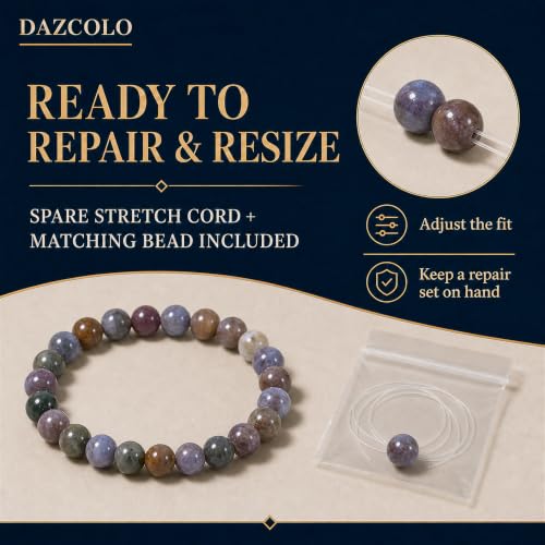 8mm Natural Crystal Stretch Bracelet | Handmade Round Stone Bead Bracelet, Runs Large, Meditation Yoga Gift for Women & Men - color: Moss Agate