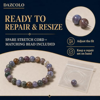 8mm Natural Crystal Stretch Bracelet | Handmade Round Stone Bead Bracelet, Runs Large, Meditation Yoga Gift for Women & Men - color: Moss Agate
