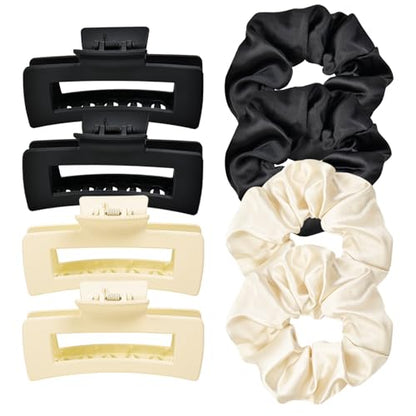 8 Pcs Claw Clips and Hair Scrunchies Set – Square Hair Clips for Women, Medium Non-Slip Matte, Large Satin Scrunchies, Hair Accessories for Thick Thin Hair, Party, Daily Use, Black&Beige - color: Classic Black & Cream
